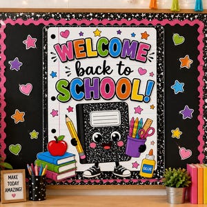 May include: A rectangular bulletin board display featuring a white poster with the text WELCOME back to SCHOOL in colourful letters. The poster shows a black composition notebook character holding a yellow pencil and a purple cup of supplies.