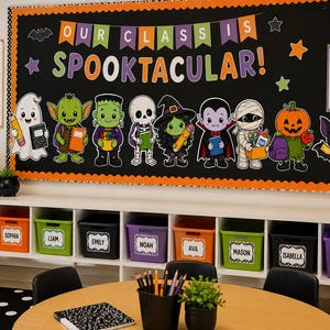 Puede incluir: Un tablón de anuncios escolar con fondo negro que muestra el texto OUR CLASS IS SPOOKTACULAR e ilustraciones de un fantasma, duende, Frankenstein, esqueleto, bruja, vampiro, momia, calabaza y murciélago con material escolar.