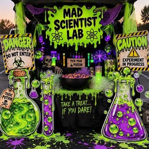 Może przedstawiać: Dekoracja bagażnika Mad Scientist Lab z neonowo-zielonymi i fioletowymi zlewkami wypełnionymi płynem, czaszką, czarnym kociołkiem oraz znakami z napisami Danger Do Not Enter, Caution Experiment In Progress, Pick Your Poison i Take A Treat If You Dare.