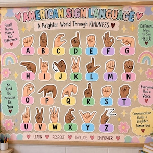 May include: A rectangular educational poster titled American Sign Language: A Brighter World Through Kindness. It features the alphabet from A to Z, each letter paired with a hand sign illustration, surrounded by pastel rainbows, flowers, and text.