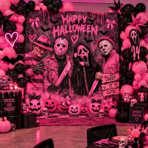 May include: A Halloween party backdrop featuring pink and black balloons, a neon heart, and a banner with the text Happy Halloween. The scene includes illustrations of four horror movie characters, pink pumpkins, and a sign reading Creep It Cute.