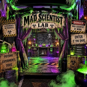 Puede incluir: Una decoración de maletero con temática de laboratorio de científico loco, con dos esqueletos, líquidos brillantes verdes y morados en vasos de precipitados, un caldero negro con niebla verde y letreros de advertencia con varios textos.