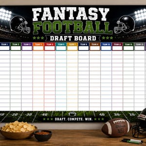 May include: A large rectangular fantasy football draft board featuring a stadium background with stadium lights and football helmets. The board includes a grid with fourteen team columns and eighteen rounds, with the text FANTASY FOOTBALL DRAFT BOARD.