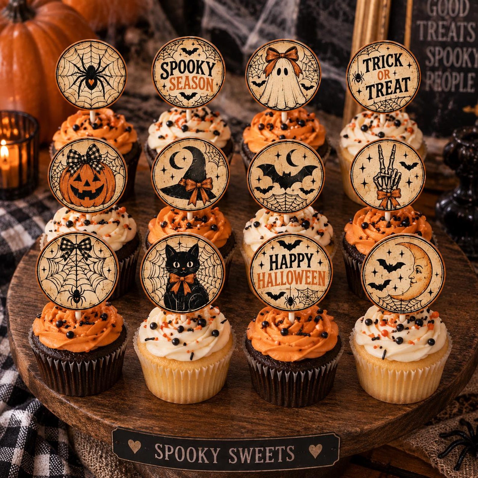Vintage Circles with a Webbed Edge Vintage-style round cupcake topper previews with web borders and Halloween characters.