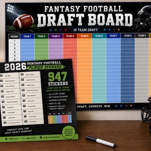 Fantasy Football Draft Kit 2026–2027 | 10 Team Draft Board + Player Stickers | Color Coded Fantasy Football Draft Party Bundle