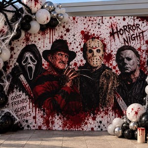 May include: A horror-themed backdrop featuring Ghostface, Freddy Krueger, Jason Voorhees, and Michael Myers with blood splatter effects and the text "HORROR NIGHT" and "GOOD FRIENDS SCARY TIMES," framed by black, white, and silver balloons and a skeleton.
