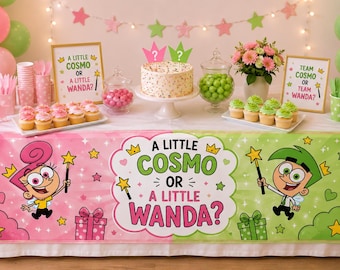 Bieżnik na stół/oznakowanie stołu Cosmo i Wanda do druku | Dekoracja stołu ujawniająca płeć dziecka 72x24 | Różowo-zielone przyjęcie wróżkowe | Mały Cosmo lub Wanda |