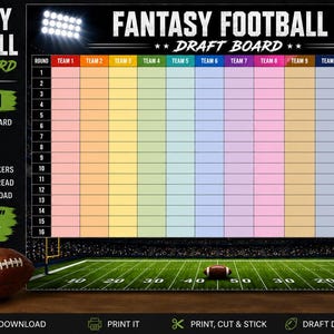 May include: A fantasy football draft board featuring a 12-team grid with 16 rounds, each column in a distinct color. The board displays the text FANTASY FOOTBALL DRAFT BOARD, 12 TEAM, 16 ROUNDS, and 36" x 48" against a stadium background.