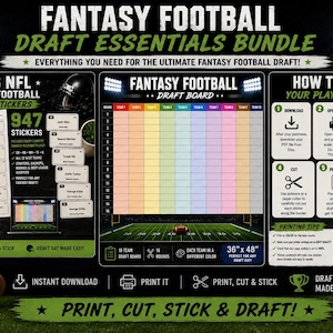 May include: A digital fantasy football draft essentials bundle featuring a 36" by 48" draft board, 947 player stickers, and a six-step guide on how to print and use the materials. The design includes football imagery, stadium lights, and text.