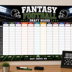 Könnte beinhalten: Ein rechteckiges Fantasy-Football-Draftboard-Poster mit den Maßen 61 cm mal 41 cm. Das Board zeigt einen Stadionhintergrund mit zwei Footballhelmen, ein Raster für 12 Teams und 18 Runden sowie den Text FANTASY FOOTBALL DRAFT BOARD.