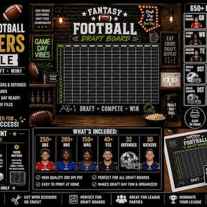 Puede incluir: Un conjunto digital de tablero de draft y pegatinas de fútbol americano con un fondo de ladrillo oscuro, una cuadrícula grande para nombres de jugadores y más de 650 pegatinas de jugadores, incluyendo quarterbacks y defensas de equipos.