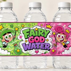 May include: Three clear plastic water bottles wrapped in a decorative label featuring a green and pink background. The label displays the text FAIRY GOD WATER in bold letters, surrounded by cartoon characters, yellow stars, and small potion bottles.