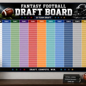 May include: A rectangular fantasy football draft board featuring a grid for 10 teams and 20 rounds. The header displays the text FANTASY FOOTBALL DRAFT BOARD and 10 TEAM DRAFT. The footer includes the text DRAFT. COMPETE. WIN. with colorful stars.