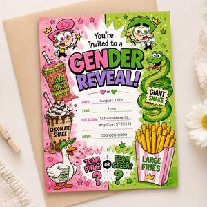 Könnte beinhalten: Eine rechteckige Einladungskarte zur Geschlechtsenthüllung mit Zeichentrickfiguren, einer grünen Schlange, Lavasaft, einem Schokoladen-Milchshake und Pommes. Der Text lautet: You're invited to a GENDER REVEAL! Team Pink? or Team Green? mit Zeilen für Datum und Ort.