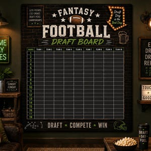 May include: A large rectangular fantasy football draft board featuring a black brick background with white grid lines for 10 teams and 18 rounds. The board displays the text Fantasy Football Draft Board, Draft, Compete, Win, and a football graphic.