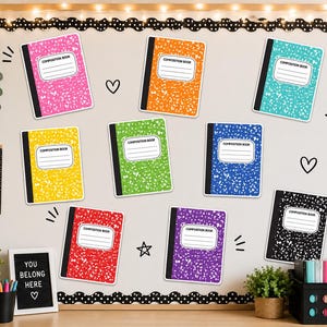 May include: A collection of nine rectangular composition books in various colours including pink, orange, teal, yellow, green, blue, red, purple, and black. Each book features a white label with the text COMPOSITION BOOK and lined spaces.