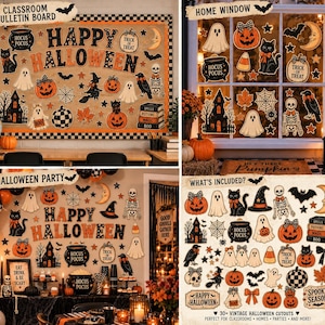 May include: A set of Halloween-themed paper cutouts featuring ghosts, pumpkins, black cats, skeletons, bats, and a haunted house. The collection includes text elements like Happy Halloween, Hocus Pocus, and Trick or Treat, designed for classroom or home decor.