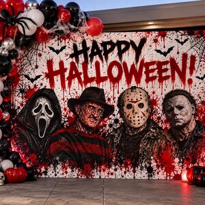 May include: A Halloween backdrop featuring the text HAPPY HALLOWEEN in red dripping letters, decorated with images of four horror movie characters, bats, and spiderwebs, framed by a balloon arch in red, black, and white with plastic spiders.