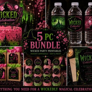 Könnte beinhalten: Ein 5-teiliges Set mit Wicked Celebration Party-Druckvorlagen, bestehend aus Tortenaufleger, Wasserflaschenetiketten, Geschenkanhängern, Cupcake-Toppern und einer Einladung in den Farben Schwarz, Pink und Grün mit Hexenmotiven.