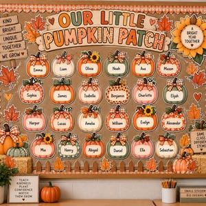 May include: A classroom bulletin board display titled Our Little Pumpkin Patch featuring rows of individual pumpkin cutouts, each labeled with a name. The board includes decorative autumn leaves, a sunflower, and wooden signs with inspirational text.