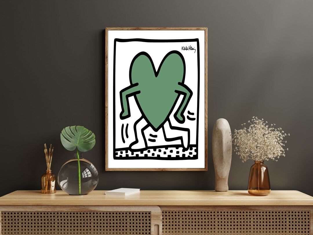 Keith Haring Poster, Running Heart 1984 Olive Green, Colorful Modern