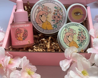 Sakura Glow Bundle | Gifts for Her | Eye cream + Cleansing Balm + Solid Serum + Facial Oil | Cherry Blossom & Cloudberry |Vegan+Cruelty-free