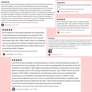 May include: Customer reviews for a skincare product, featuring text and star ratings. The reviews praise the product's effectiveness, packaging, and the shop's service. The product is described as hydrating and illuminating.