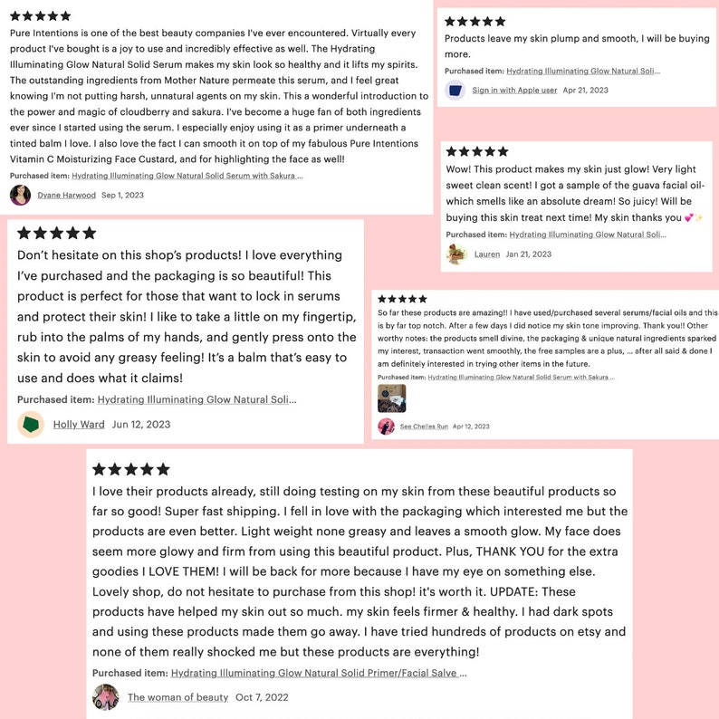 May include: Customer reviews for a skincare product, featuring text and star ratings. The reviews praise the product's effectiveness, packaging, and the shop's service. The product is described as hydrating and illuminating.