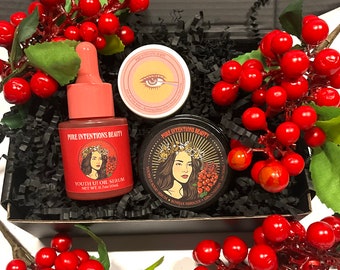 AHA Collagen Youthful Bundle | Gifts for Her | Oil Serum + Eye Cream + Solid Serum | Roselle Hibiscus + Lingonberry | Vegan, Cruelty-Free