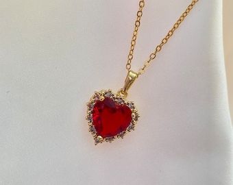 Lana Style Necklace, Royal Heart Necklace, Love Jewelry, Dainty Princess Collection, Gold Red Heart Necklace, Emerald Heart Necklace