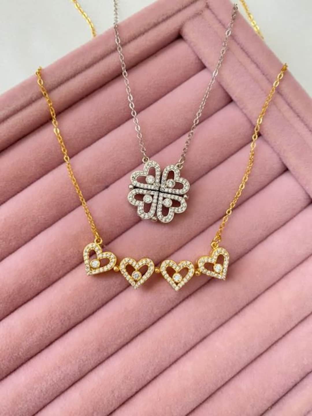 Mesmerize Magnetic Clover Heart Necklace In Rose Gold, Gold And Silver