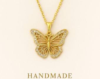 Butterfly Necklace, Gold Crystal Pendant, Dainty Necklace Gift for Her, Minimalist Everyday Jewelry, Bridesmaid Necklace