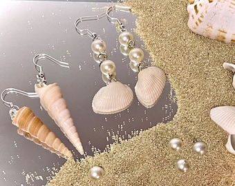 Real Seashell Earrings | Handmade Nickel-Free Beachy Earrings | Scallop Shell, Cone Shell, Conch Shell, Pearls | Summer, Tropical, Mermaid