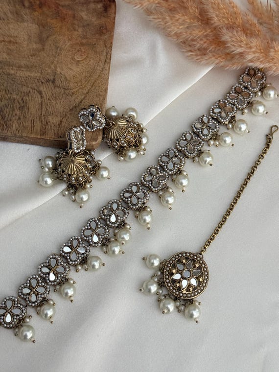Pearl mirror choker tikka jhumki/kundan jewellery set polki  kundan set/pearl kundan set/indian kundan set kundan/pearl green kundan choker