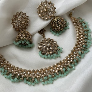 Colar kundan com pedra turquesa e brincos tikka, joias kundan jhumka, conjunto de espelho de lavanda, conjunto kundan de pérolas/conjunto de brincos kundan