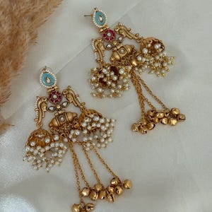 Antique gold jhumki sahara kaan chain jhumka ruby green kundan jewelry Indian wedding gold look alike earrings South Indian earrings pearl p