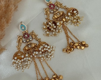 Antique gold jhumki sahara kaan chain jhumka ruby green kundan jewelry Indian wedding gold look alike earrings South Indian earrings pearl p