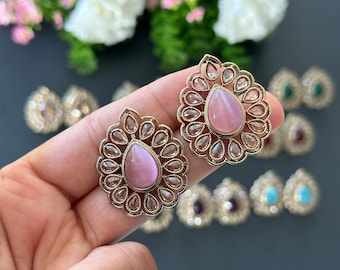 Pendientes Polki/pendientes Kundan/joyería india/pendientes Punjabi/pendientes Kundan multicolor con perlas rojas y verdes/joyería Kundan