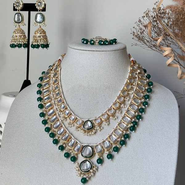 Green Long Necklace rani haar Pachi Kundan bead kundan long necklace/rani haar long necklace/kundan jewelry/jewellery indian beaded pearl