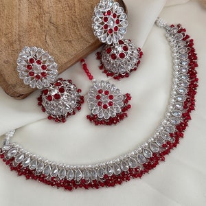 Pearl silver necklace earrings tikka set/polki jewelry set/indian jewelry set/silver reverse ad set/punjabi jewelry indian jewelry set neckl