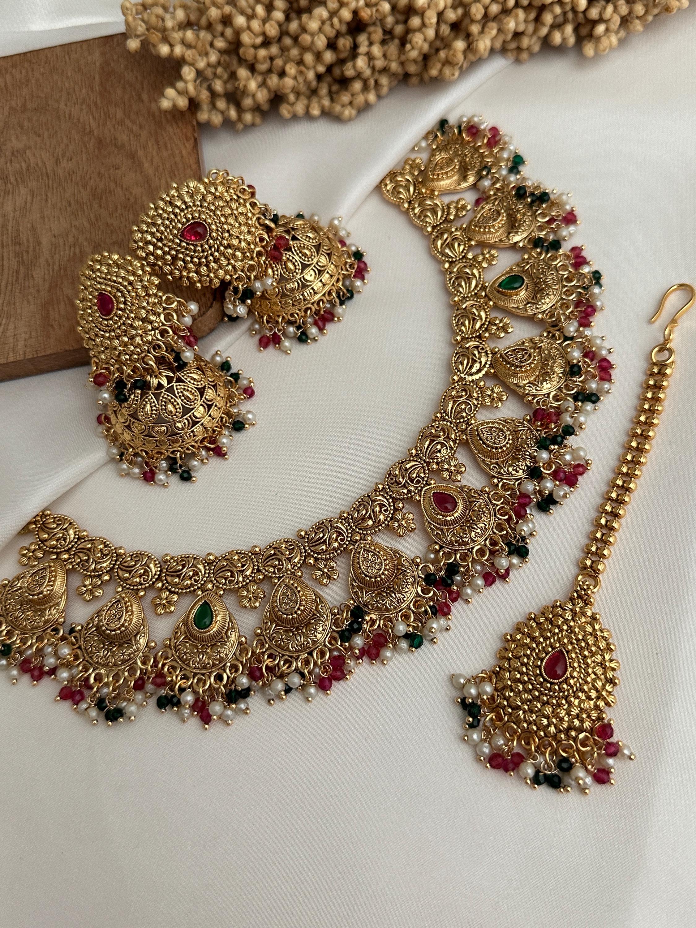 Indian Jewelry Set - Gold Plated Necklace Earrings Tikka
