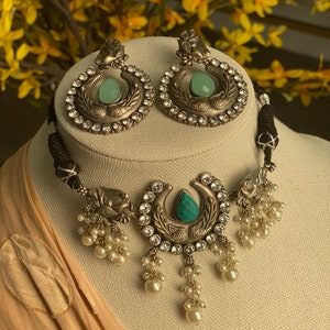 Collier boucles d&#39;oreilles en argent oxydé/ensemble ras de cou bleu oxydé bijoux indiens oxydés/ensemble de perles légères oxydées serti de pierres AD oxydées