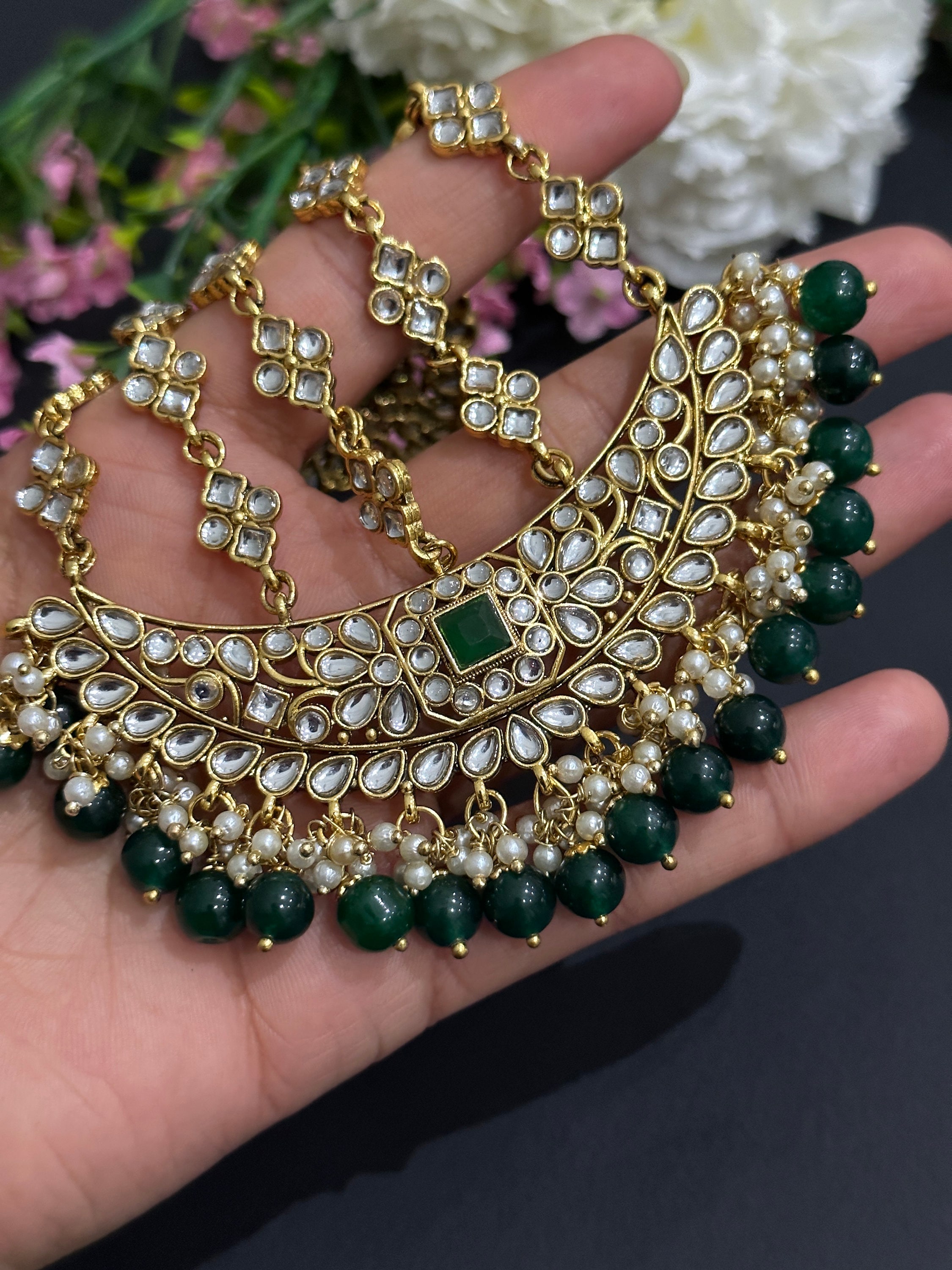 Cream & Green Passa Head Jewellery with Kundan &  Pearls main image 1