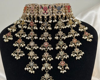 Ensemble tour de cou multicolore pakistanais jhumka perles | mariage indien/bijoux punjabi jhumka bijoux tikka tour de cou indien/or traditionnel à polki