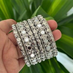 Silver kundan kade bangles/indian bangles/punjabi bangles set silver diamond chuddis/metal bangles/metal bangles/kadas/bracelet indian