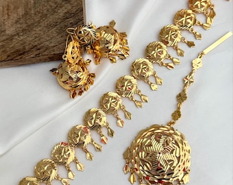 Traditional punjabi pipple patti choker tikka set/indian gold patra jaggo  tikka set/ jadau set/pipple patti traditional punjabi jewelry pun