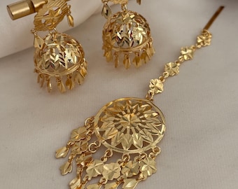 Piple pati punjabi traditional jhumka x tikka gold piple patti tikka set/kundan jewelry/kundan jewellery/indian  punjabi jewellery set jaggo