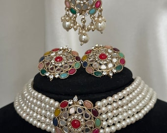pendientes de gargantilla de perlas x tikka, joyería de trabajo kundan gargantilla con cuentas de perlas set sementales indios joyería de perlas indias sementales tikka pachi kundan