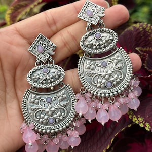 Oxidized German silver necklace earrings pink oxidized indian oxidized jewellery/oxidized lightweight boho jewelry set oxidized AD stone set
