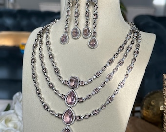 American diamond necklace set/indian jewelry set/ gold tone punjabi jewelry necklace set/rose gold diamond necklace set/handmade jewelry set